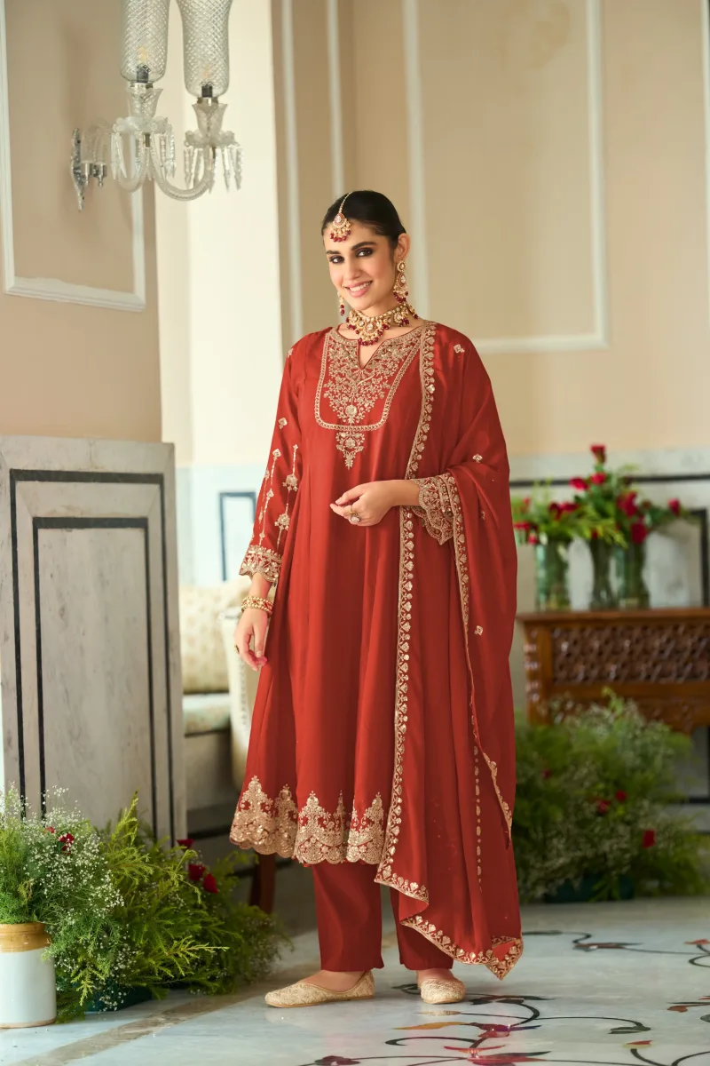 D 9827 By Zaveri Chinon Embroidery Readymade Suits